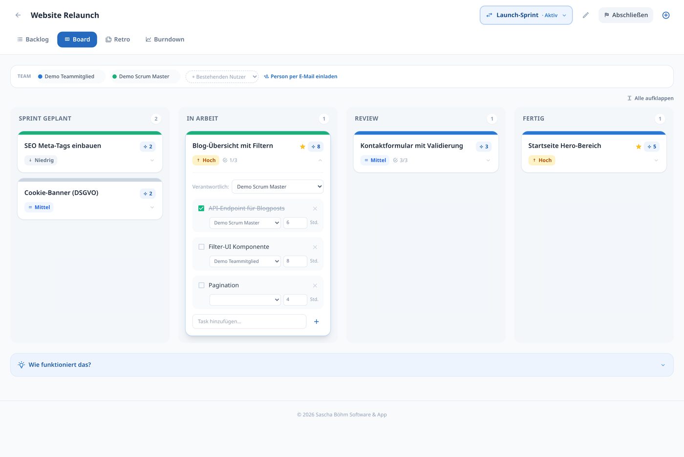 Scrum Flow Kanban-Board mit Sprint-Spalten und geöffneter Aufgabe