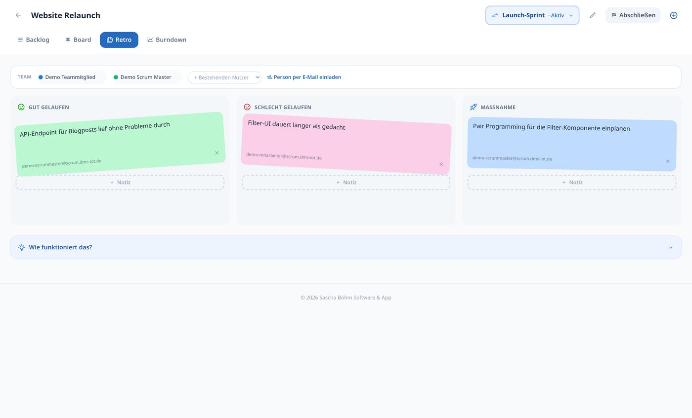 Retrospektive mit drei Spalten aus bunten Sticky Notes